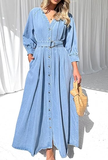 loveimgs Women 2025 Casual Button Down Denim Maxi Dress