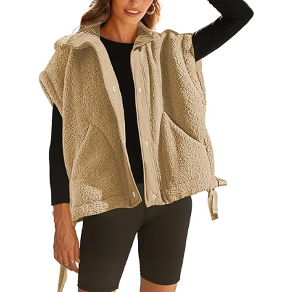 Gozoloma Women's Oversized Fleece Vest Sleeveless Casual Button Down Piecing Fuzzy Sherpa Gilet Jacket with Pockets